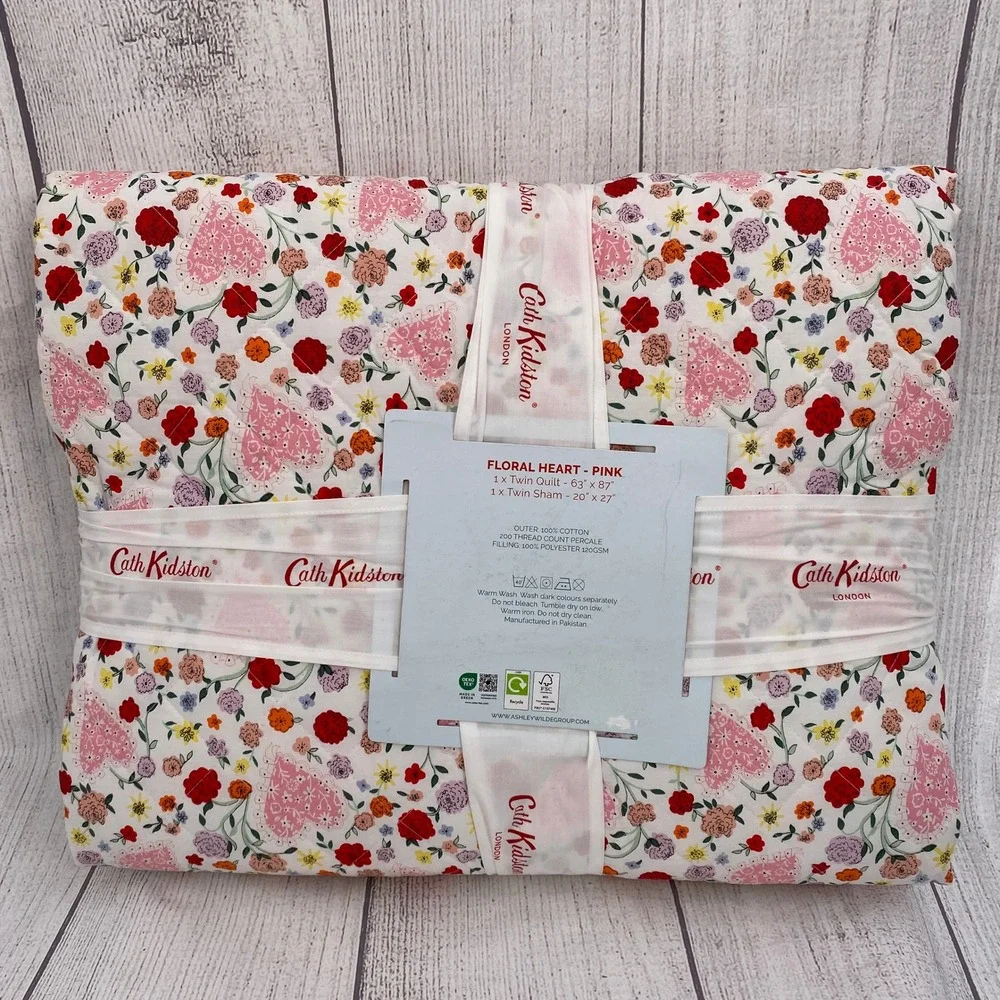 Cath Kidston Floral Heart Quilt Set Twin Pink Cotton Percale Bedding Cottagecore
